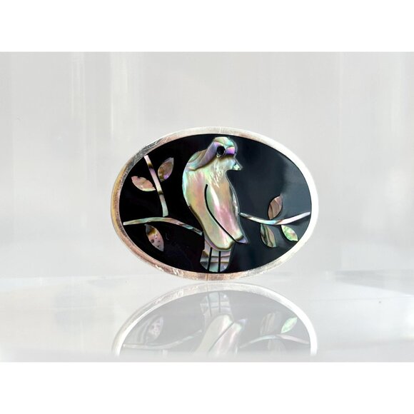 Bird Figural Taxco Mexican Abalone Shell & Onyx Vintage Sterling Silver Brooch - Picture 6 of 9